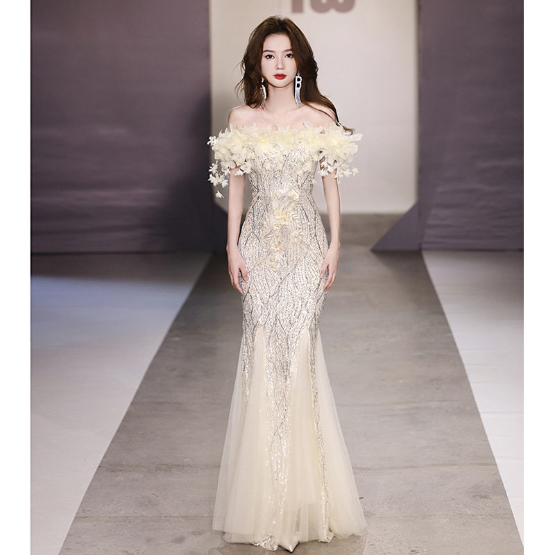 鱼尾礼服裙2026新款一字肩超仙主持人亮片年会长裙艺考成人礼礼服,女装/女士精品,婚纱,淘宝优惠券,粉丝福利购,淘宝优惠卷