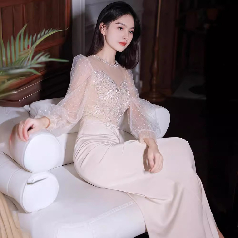 晚礼服女宴会2025新款重手工主持人收腰鱼尾长款香槟色连衣裙礼服图片