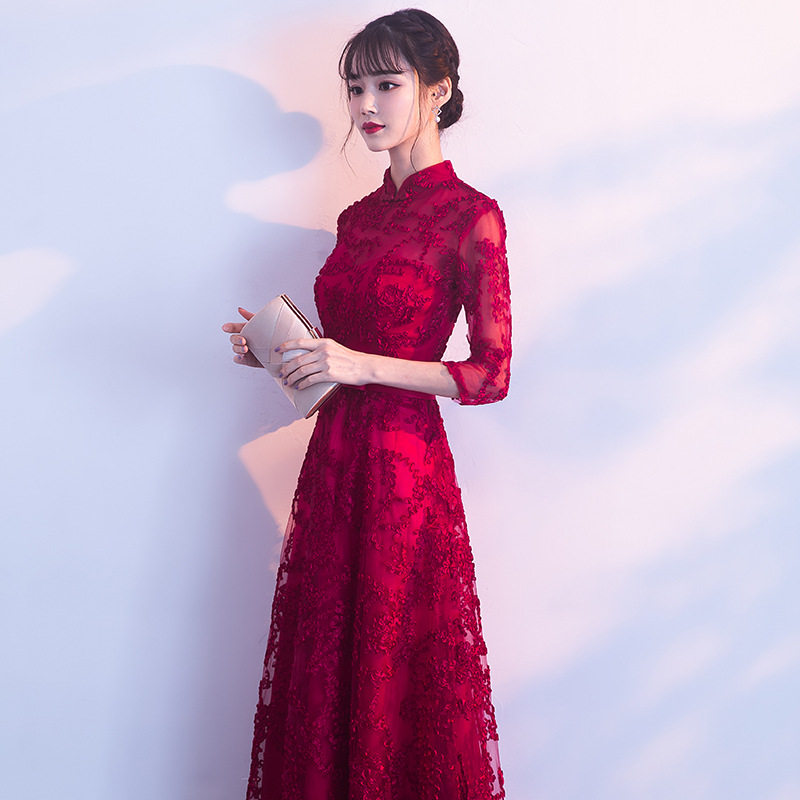 中式新娘敬酒服2025新款秋冬端庄大气小个子显瘦结婚回门晚礼服裙图片