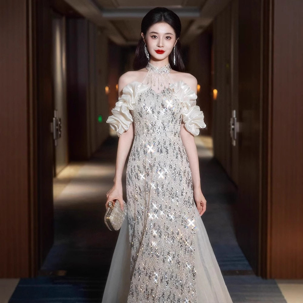 绝美晚礼服女2025新款宴会气质订婚主持连衣裙轻奢小众一字肩图片