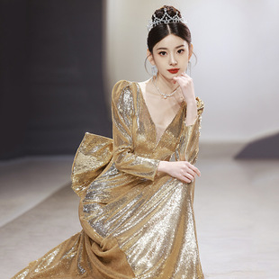 金色年会晚礼服裙女高级感长袖冬秋季宴会气质轻奢小众高端主持人