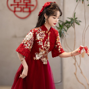 中式蕾丝敬酒服女2026年新款大码高腰遮孕肚新娘结婚胖mm连衣裙