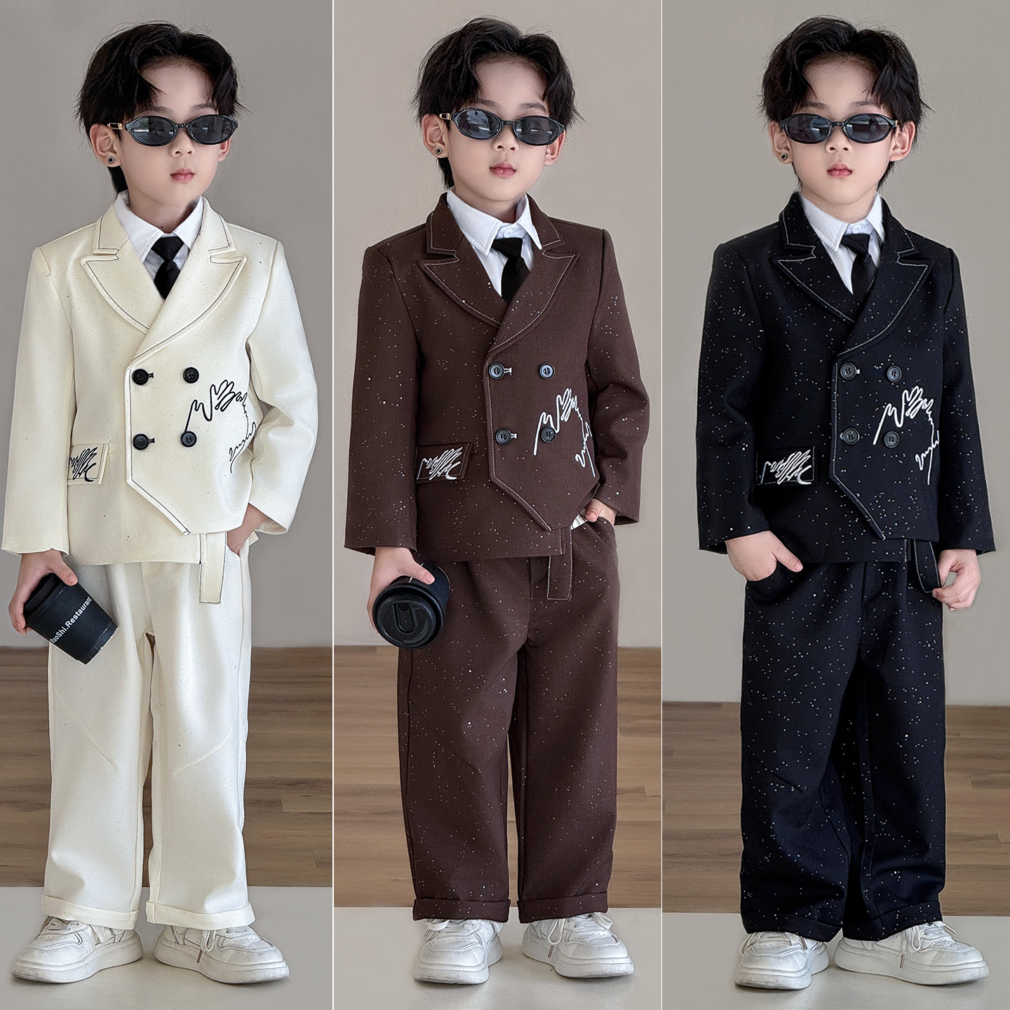 儿童西装套装秋冬加绒新款英伦主持人西服正装帅气男童生日演出服