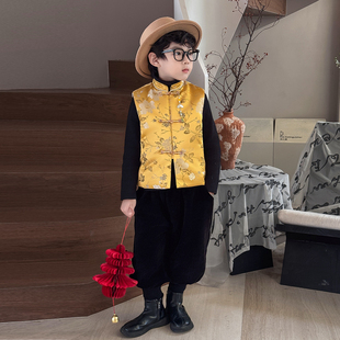 过年服男童新中式国风马甲套装冬季新款儿童缎面唐装喜庆拜年服装