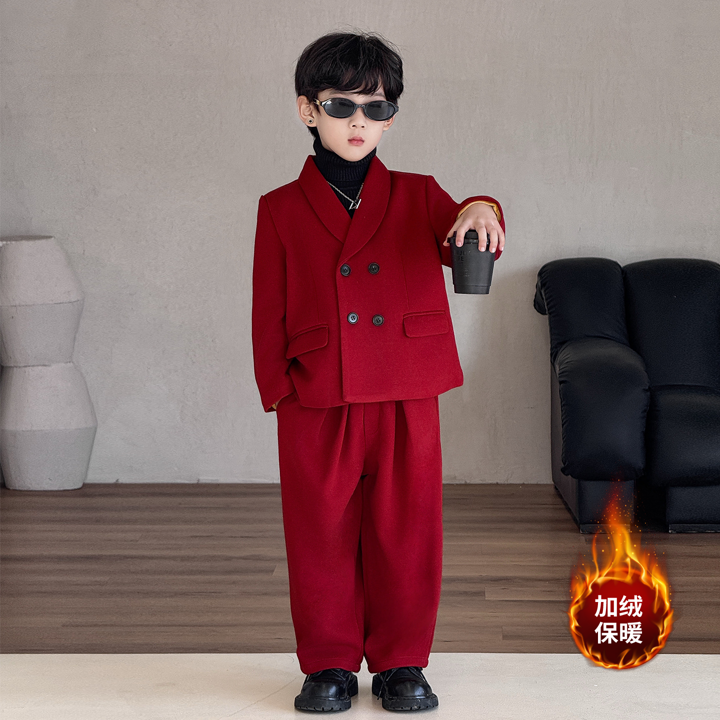 男童呢子西装套装2026秋冬新款儿童加绒休闲小西服男孩新年衣服潮