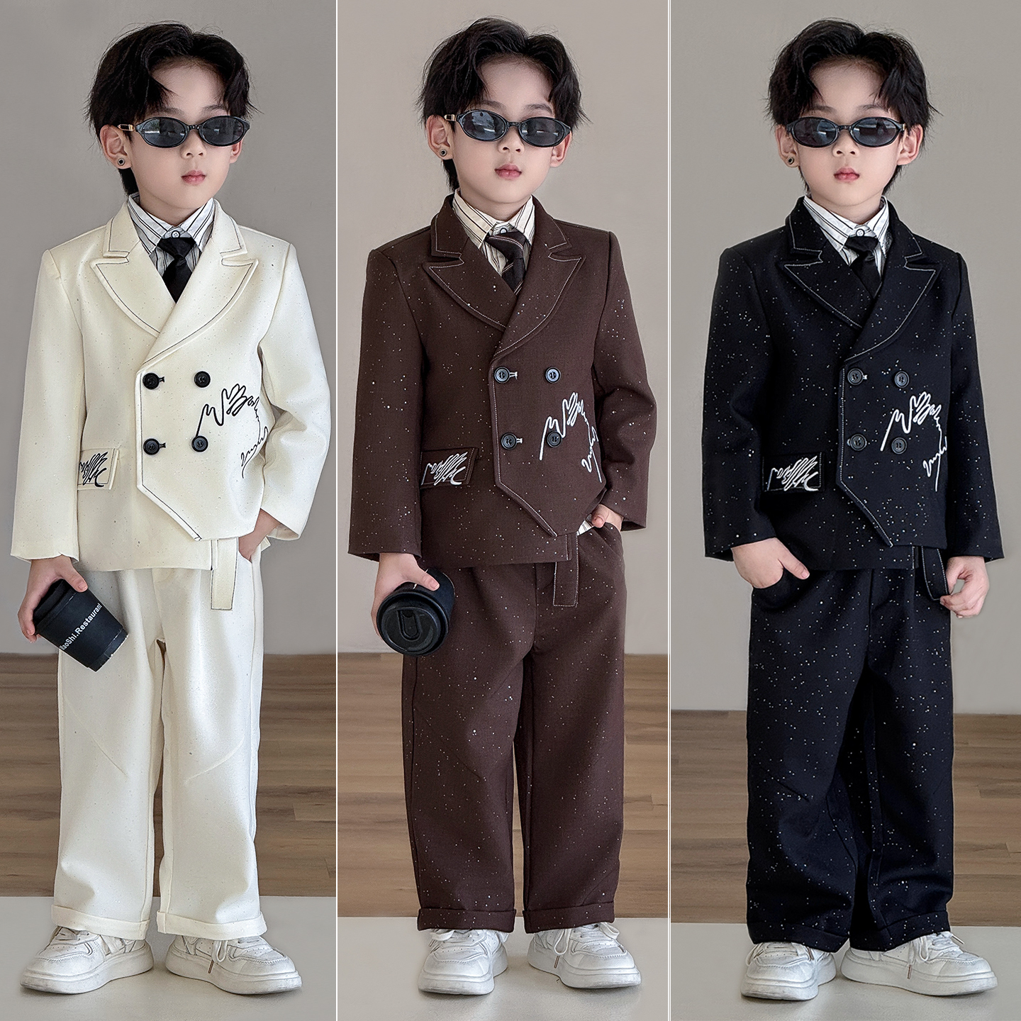 男童西装套装秋冬新款帅气小主持人生日花童加绒礼服英伦风演出服