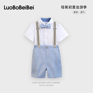 男童礼服套装2026新款短袖背带裤宝宝周岁生日小花童主持人演出服