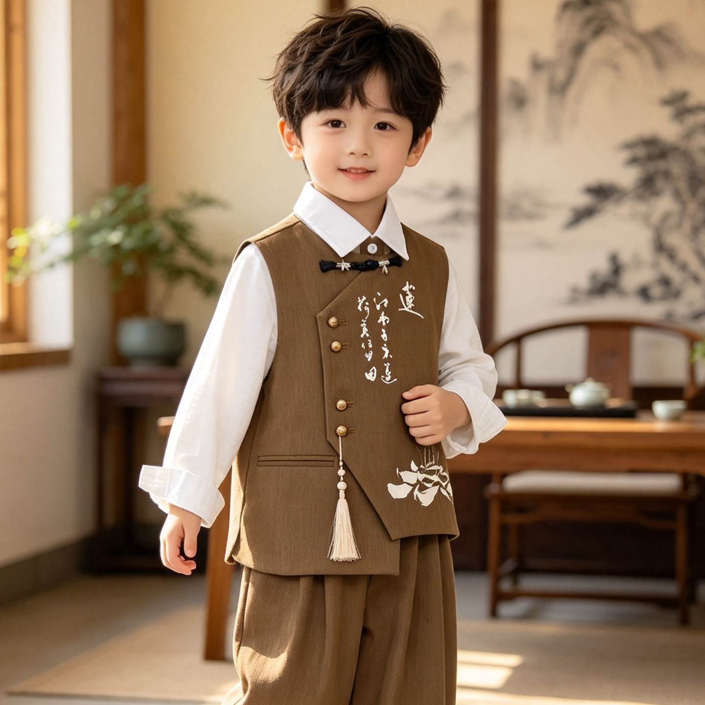儿童中式秋季唐装马甲表演服