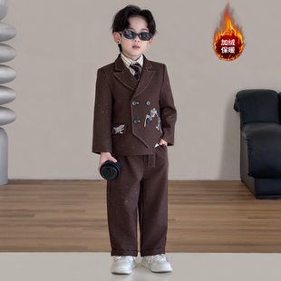 男童高级感主持礼服2025秋冬加绒男孩洋气西装套装英伦小少爷西服