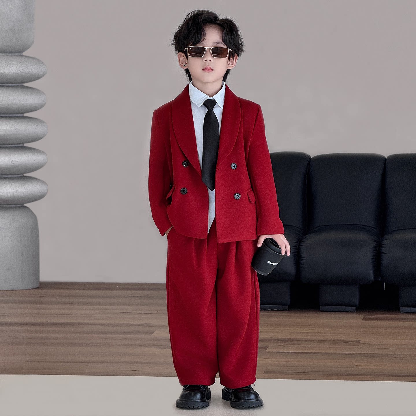 男童毛呢套装2026新款儿童过年衣加绒男孩痞帅休闲红色大衣外套潮