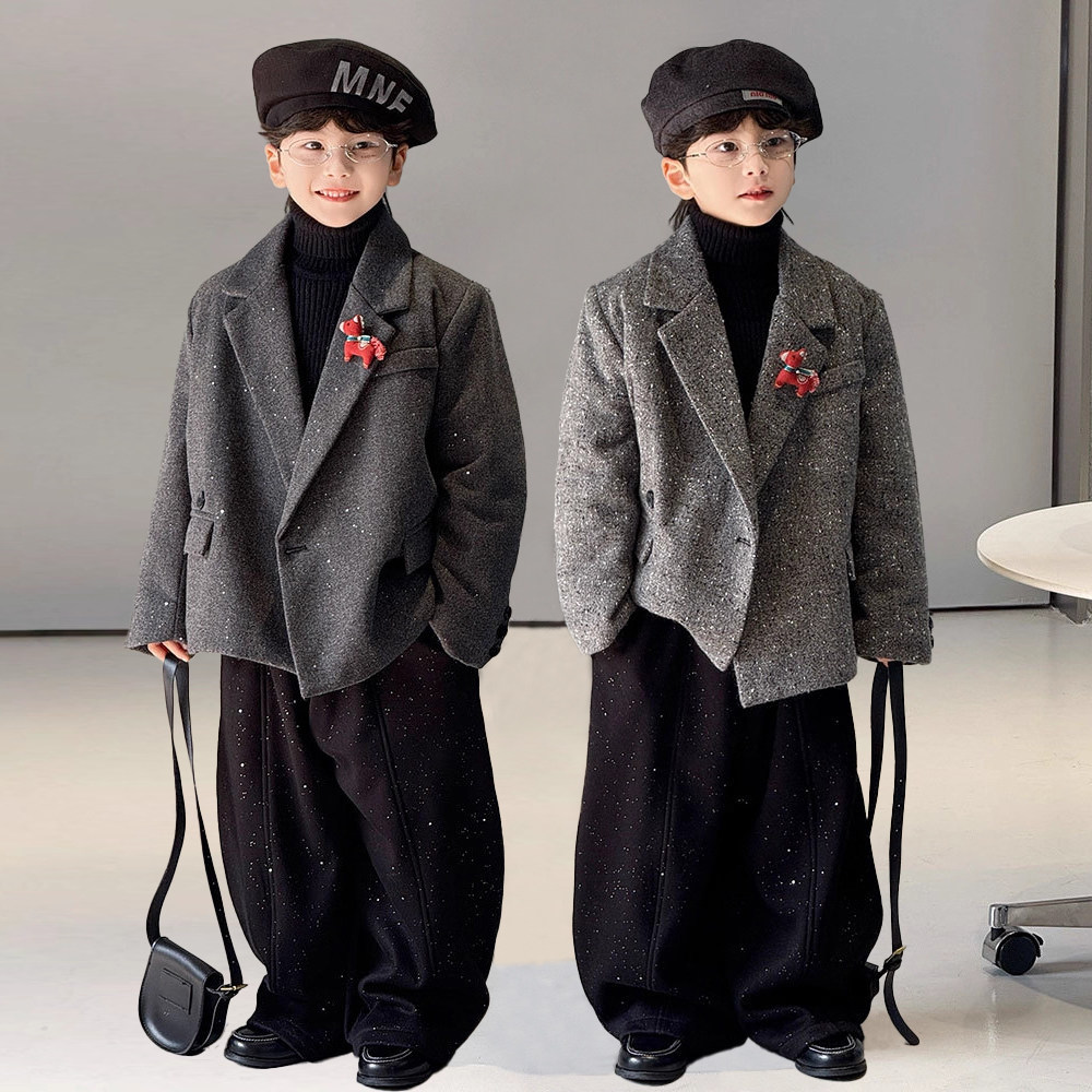 男童休闲西服套装2025冬季新款儿童高级感毛呢加厚外套帅气小西装