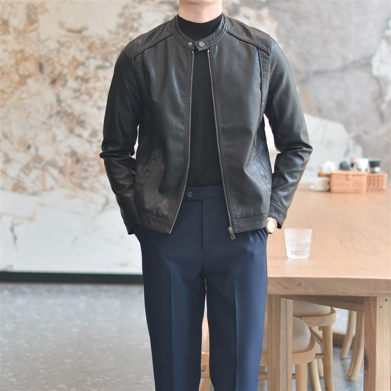 休闲复古c立领修身韩版皮夹克外套男美式潮流百搭PU机车服户外皮
