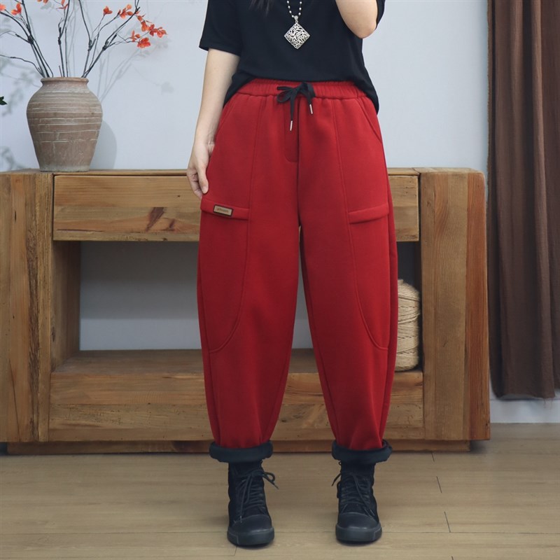通勤加绒针织棉哈伦长裤女冬季加厚保暖卫裤宽松百搭W时尚休闲裤
