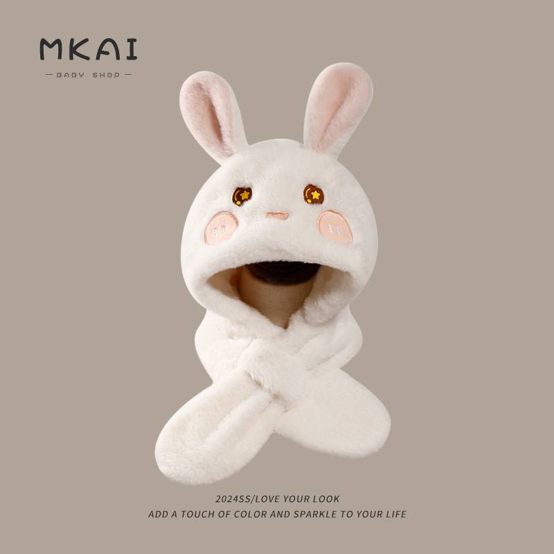 儿童帽子围巾一体秋冬季男女孩可爱兔耳朵保暖宝宝毛绒加厚护耳帽