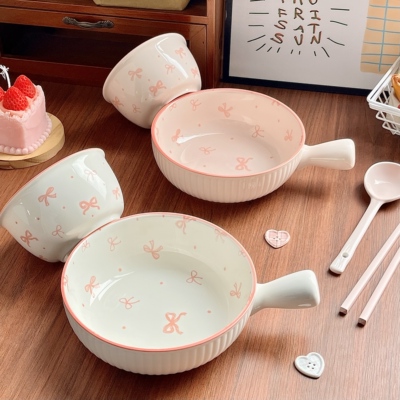 碗手柄碗陶瓷碗泡面碗儿童饭碗个人专用碗具家用套装漂亮餐具套装