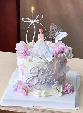 3.8女神节背影女王蛋糕装饰摆件幻彩蝴蝶珍珠白Queen烘焙装扮插件