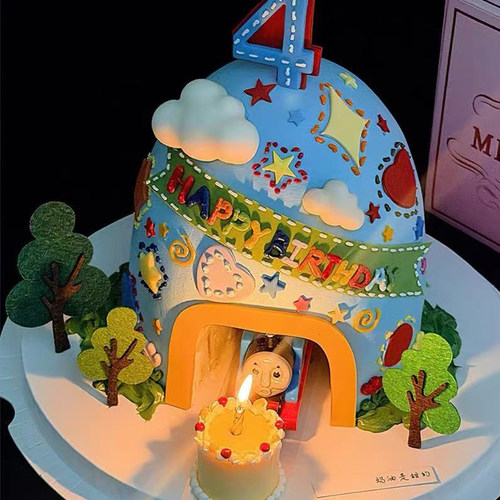 卡通隧道山洞小火车蛋糕装饰摆件儿童男孩生日周岁甜品台装扮插件