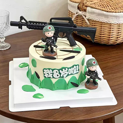 国庆阅兵蛋糕装饰M16玩具枪军事迷彩特种兵男孩生日烘焙装扮摆件