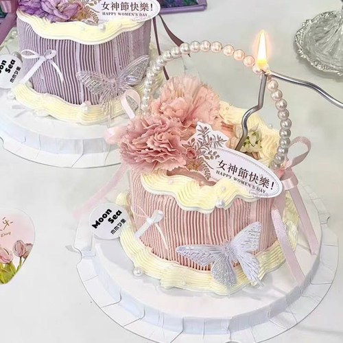 网红38女神节快乐卡片珍珠拱门蛋糕装饰唯美水晶幻彩蝴蝶装扮插件