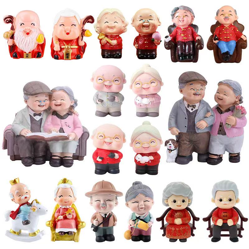 中式祝寿老爷爷老奶奶蛋糕装饰摆件寿桃腊梅牵狗散步爷爷奶奶装扮