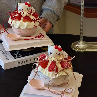 2025网红圣诞新年卡通kt猫陶瓷碗蛋糕装饰hellokitty草莓碗甜品碗
