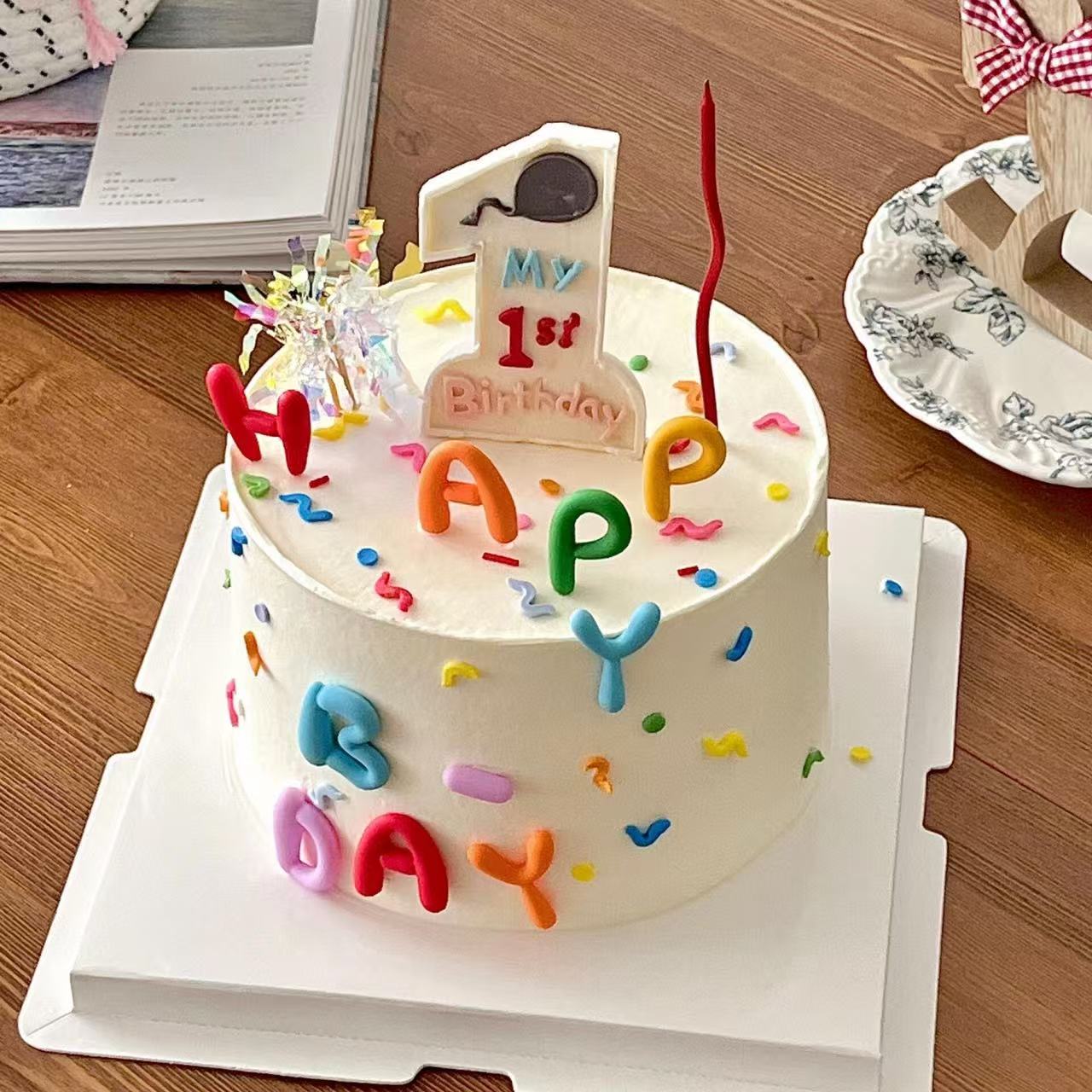 网红ins风彩色字母生日快乐蜡烛蛋糕装饰摆件一周岁生日烘焙插件