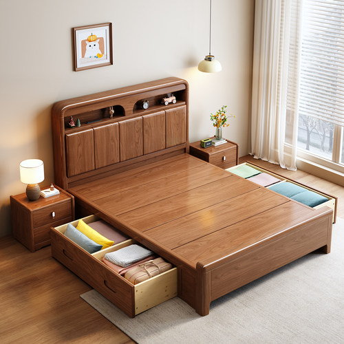 小户型省空间胡桃木储物床