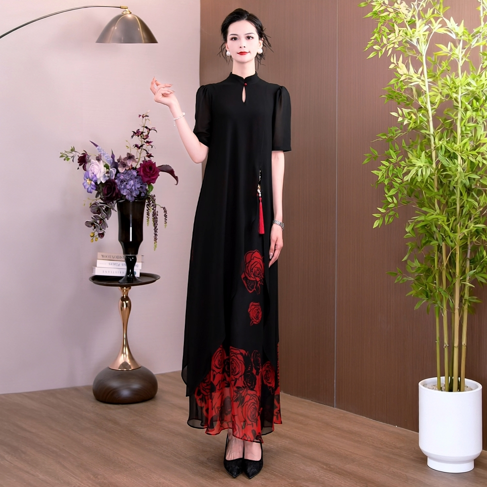 墨染嫣红轻国风优雅气质收腰显瘦长款过膝新中式连衣裙女