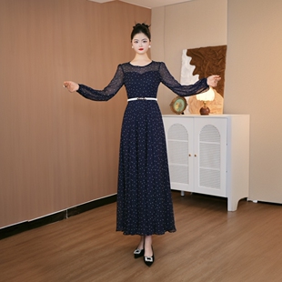 清仓福利连衣裙女夏装2025年新款圆领网纱波点收腰长款裙子