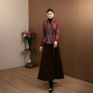 清仓福利气质套装女秋冬2025年收腰酒红色加厚裙子两件套