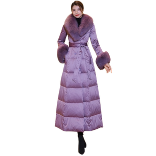 2026年冬季新款狐狸毛大毛领羽绒服女长款过膝紫色加厚白鸭绒外套