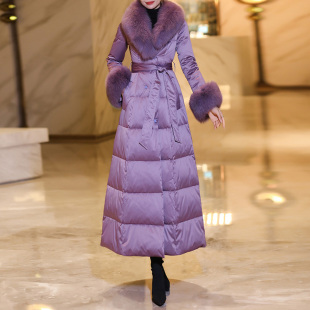 狐狸毛大毛领羽绒服女长款 过膝紫色加厚白鸭绒外套 新款 2026年冬季
