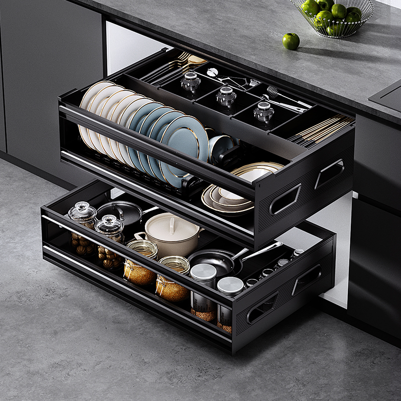 新品碗碟拉篮厨房橱柜内置双层抽中抽屉式碗篮太空铝三层厨柜碗架