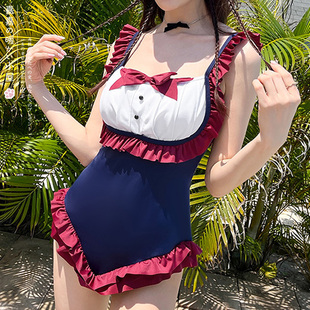 日系女仆死水库泳衣经典ins风学生甜美泳衣大码XL带胸垫温泉泳装