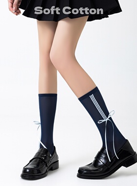 飘带蝴蝶结堆堆袜女春夏季网眼透气黑色日系jk少女洛丽塔中筒长袜