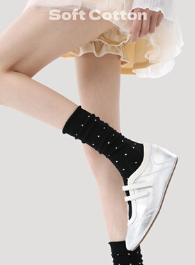 春夏季薄款中筒袜女黑色卷边波点纯棉无骨堆堆袜网红爆款外穿潮