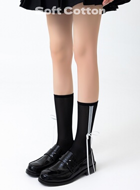 黑色中筒袜女春夏款镂空网眼透气堆堆袜日系jk洛丽塔蝴蝶结长袜