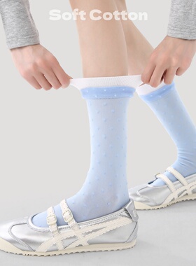 网红爆款中筒袜女士春季蓝色波点袜子不勒脚韩版学院风堆堆长袜