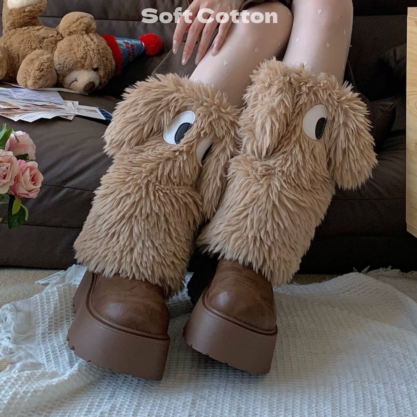 棕色袜套堆堆袜秋冬季加厚毛绒小腿套女生韩版卡通小狗耳朵护腿套