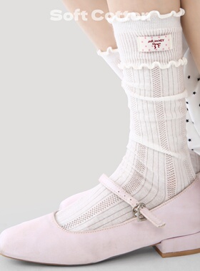 日系花边堆堆袜女网眼透气布标蝴蝶结中筒袜学院风春夏季薄款长袜