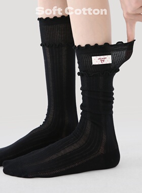 春夏季薄款堆堆袜女中筒网眼透气miu系芭蕾风蝴蝶结布标黑色长袜