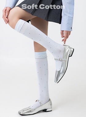 miu系芭蕾风蕾丝花边小腿袜女春夏季浅蓝色波点小腿袜配玛丽珍鞋