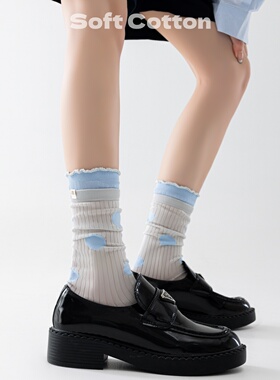 中长筒袜子春夏日韩系木耳边ins潮灰色学院风少女撞色波点堆堆袜