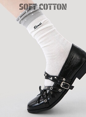 白灰拼色中筒袜女春夏季刺绣字母波点miu系芭蕾风堆堆袜配小皮鞋