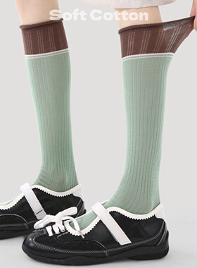小腿袜女春夏季外穿韩版复古抹茶色高筒袜子学院风叠穿堆堆长袜