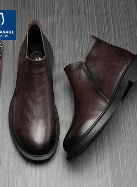 帕达索切尔西靴秋冬季真皮英伦中帮皮鞋牛皮一脚蹬软底皮靴231020