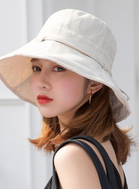 休闲百搭日系棉麻大檐渔夫帽子女夏出游遮阳帽防晒布帽可折叠盆帽