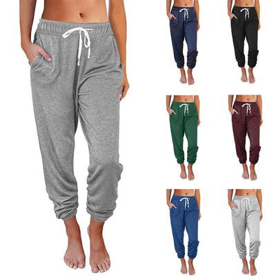 Women's drawstring mid waist nine point ankle pants