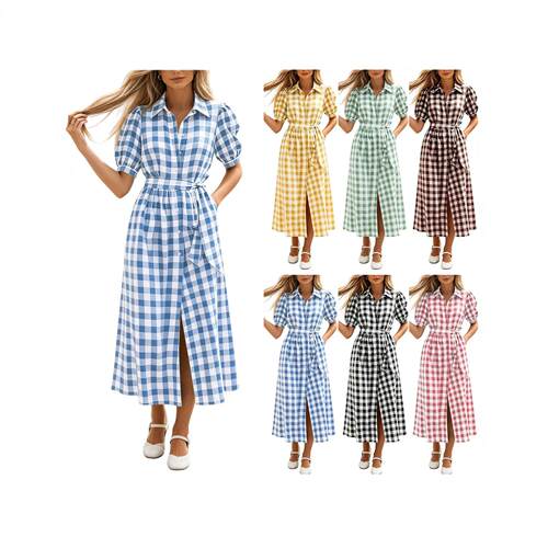 Shirt collar, lapel, checkered waistband dress for women