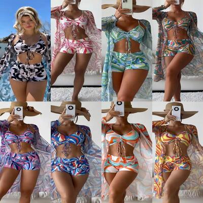 Bikini swimsuit split three high waist long sleeved cover
